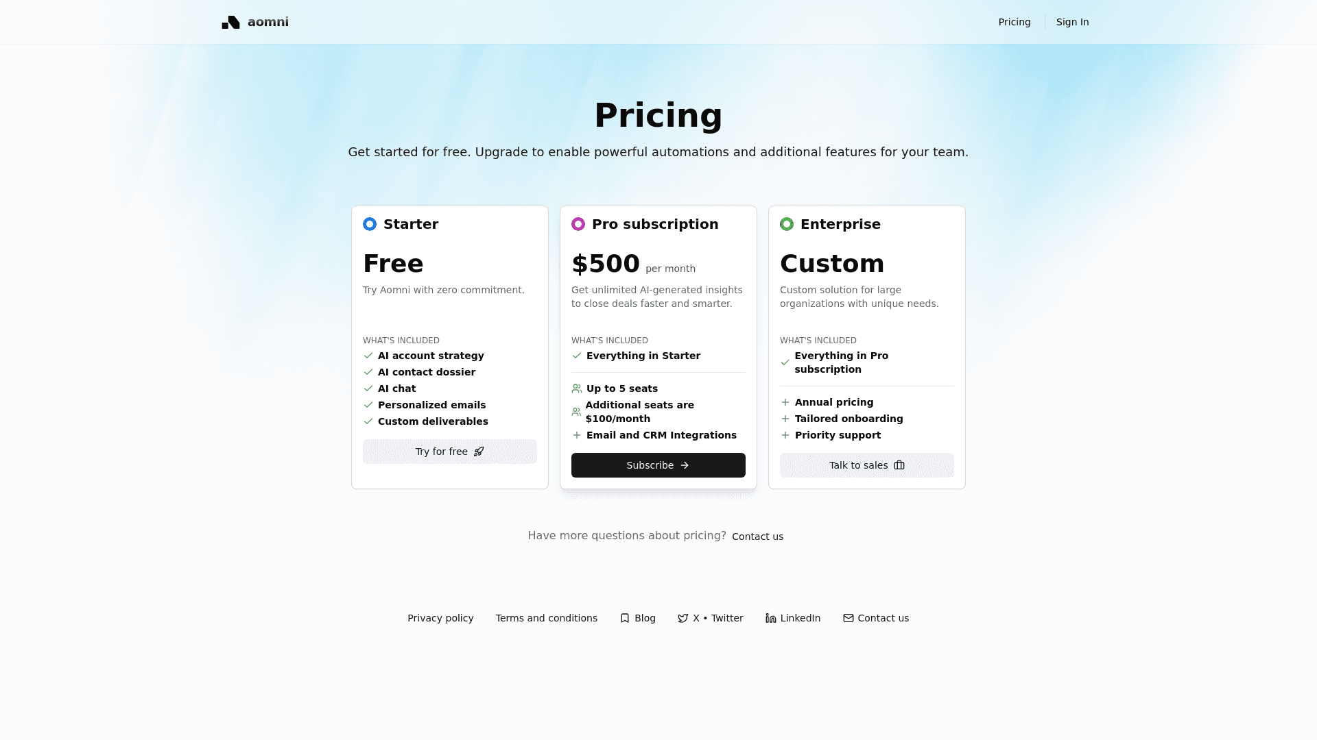 Pricing page of Aomni