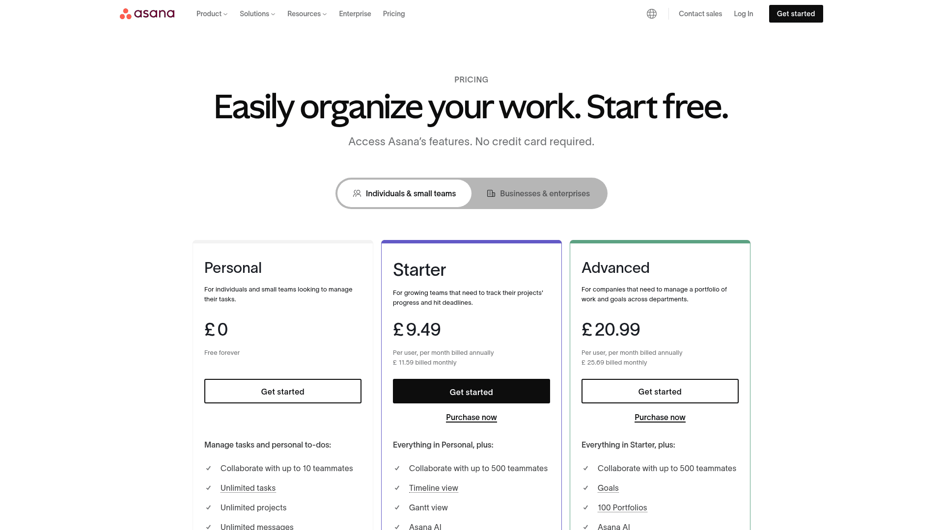 Pricing page of Asana