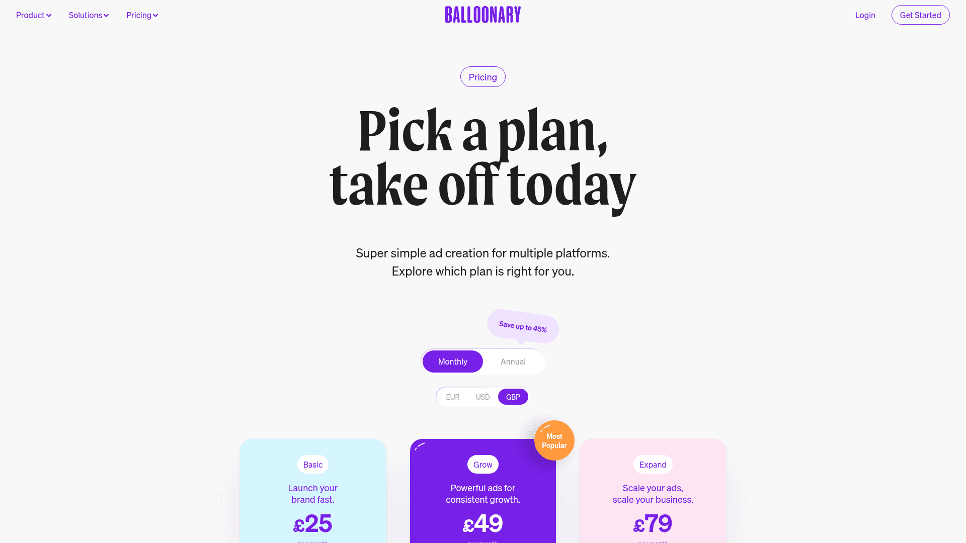 Pricing page of Balloonary
