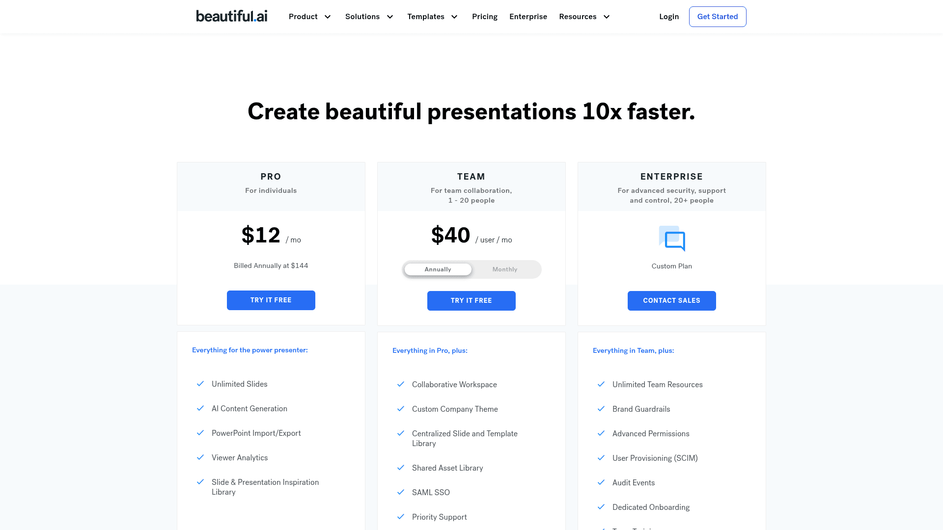 Pricing page of Beautifulai