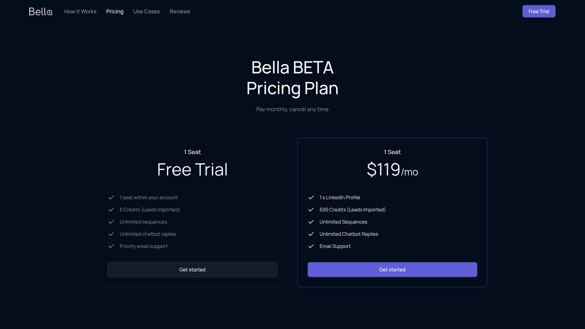 Pricing page of Bella