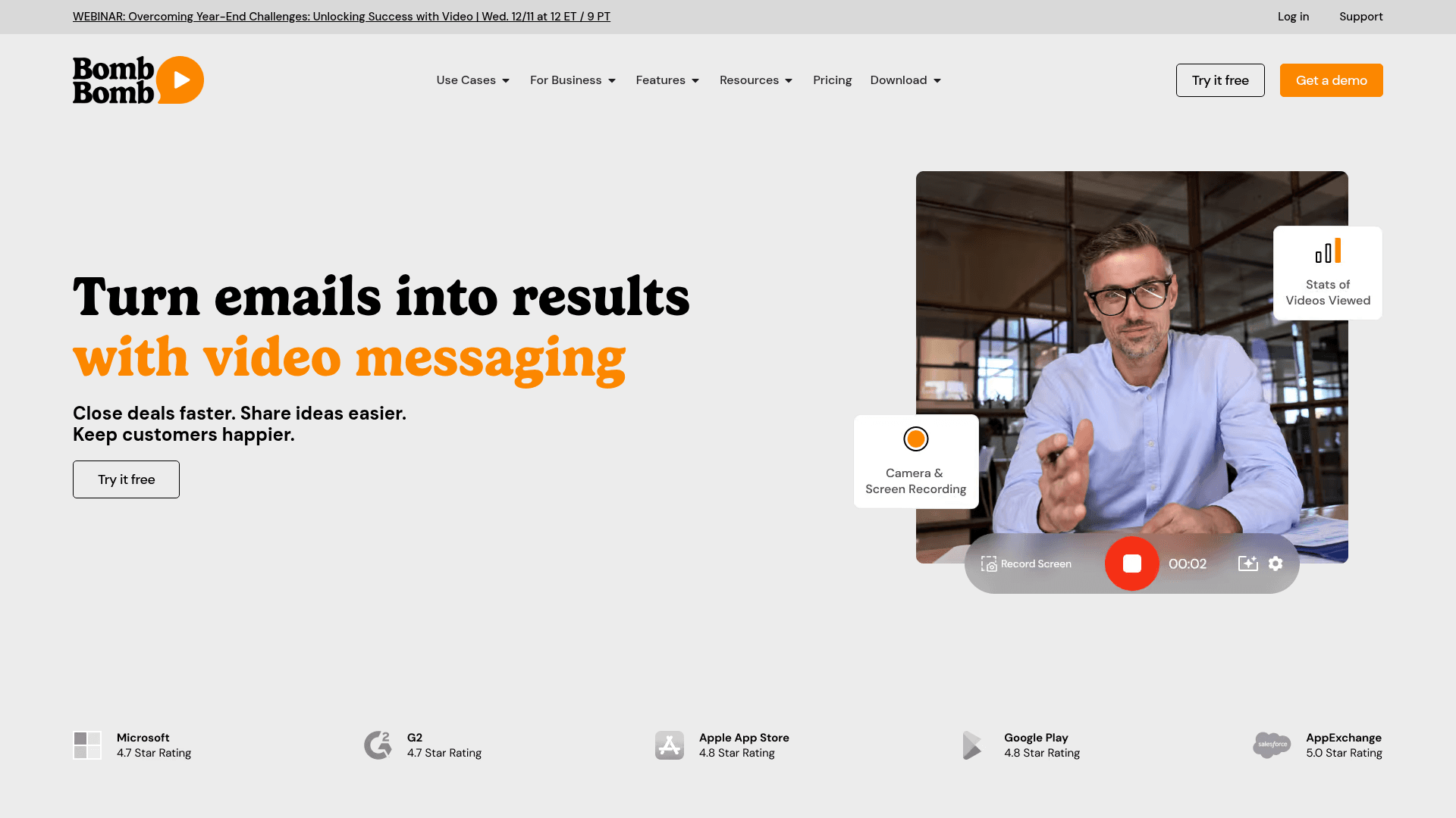 Homepage of BombBomb