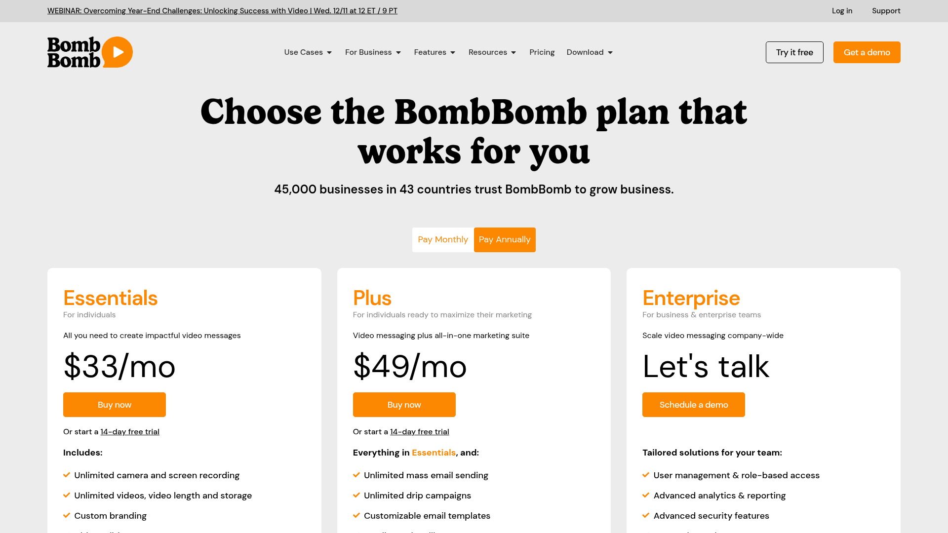 Pricing page of BombBomb