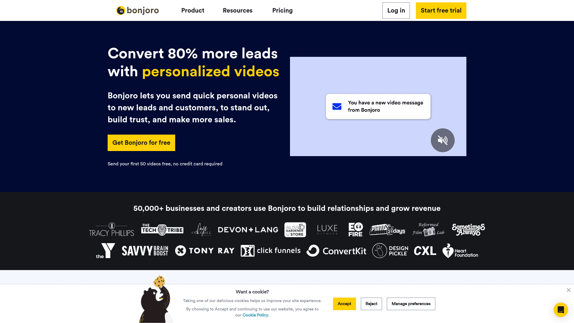 Homepage of Bonjoro