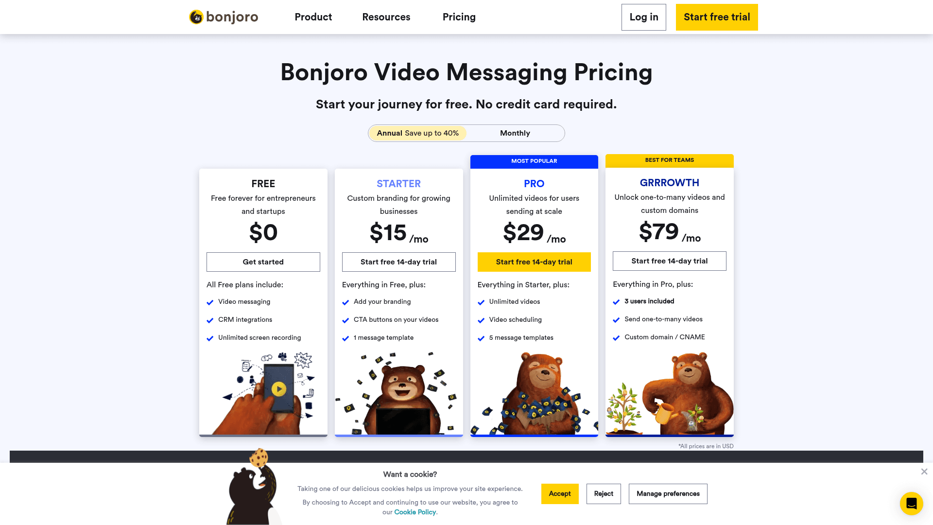 Pricing page of Bonjoro