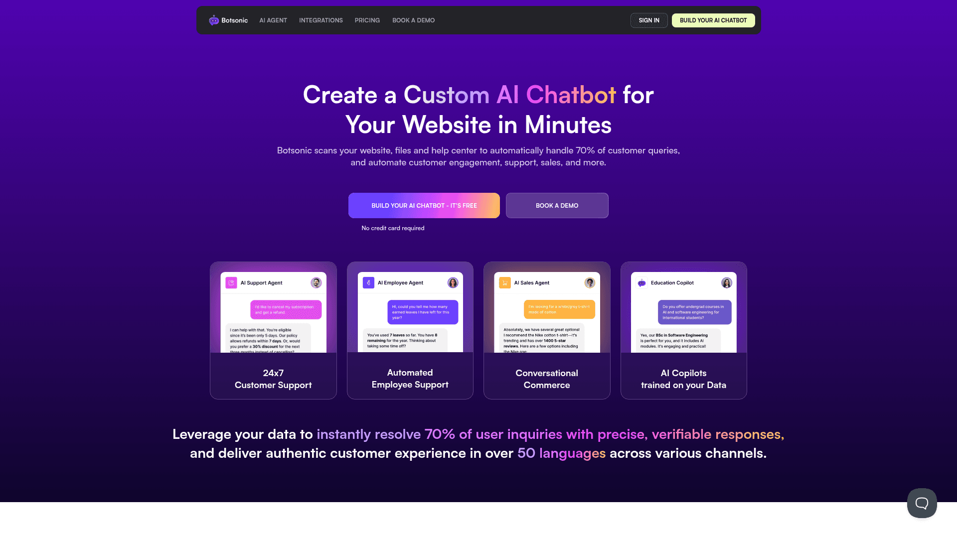 Homepage of Botsonic