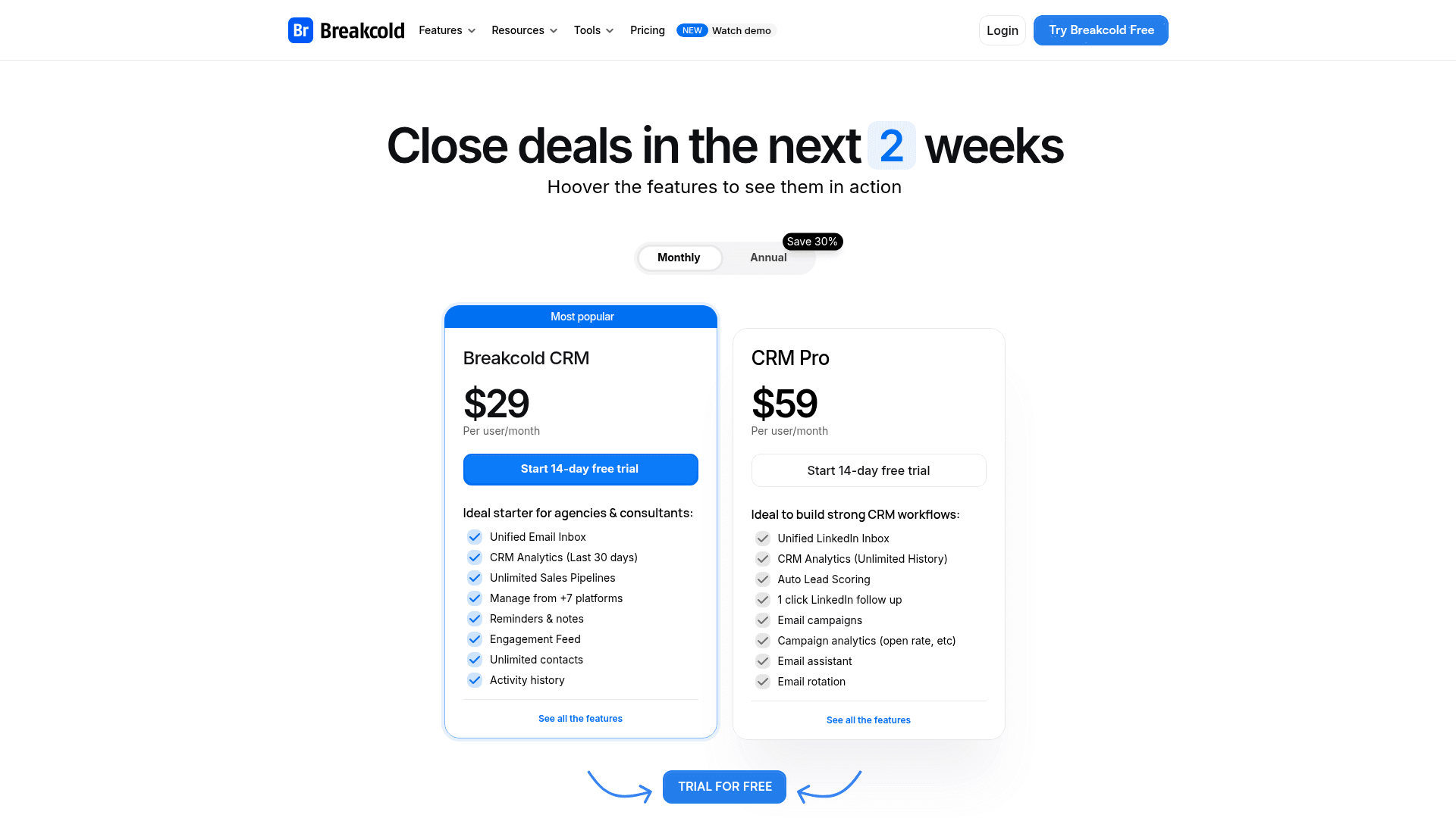 Pricing page of Breakcold
