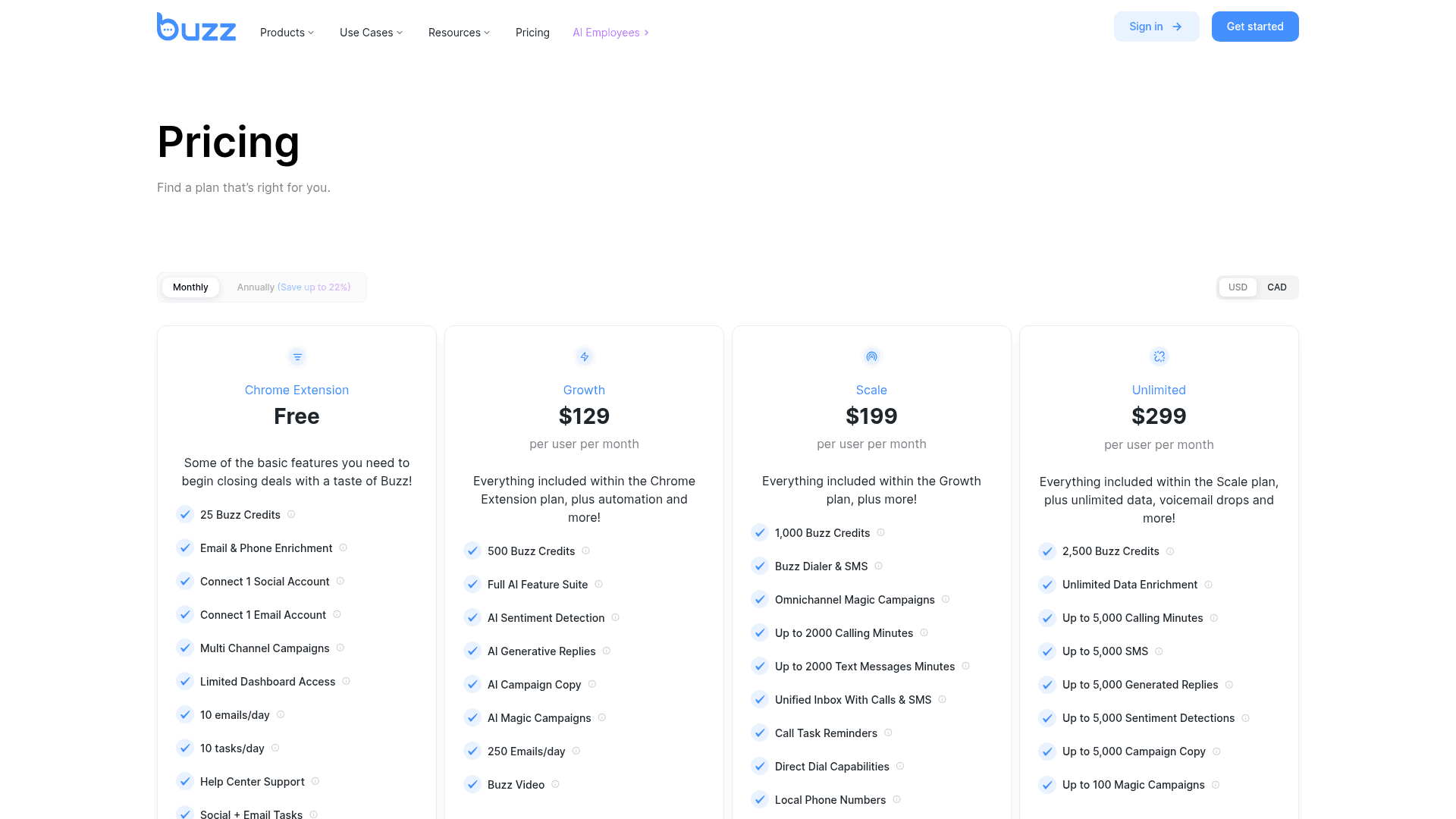 Pricing page of Buzz