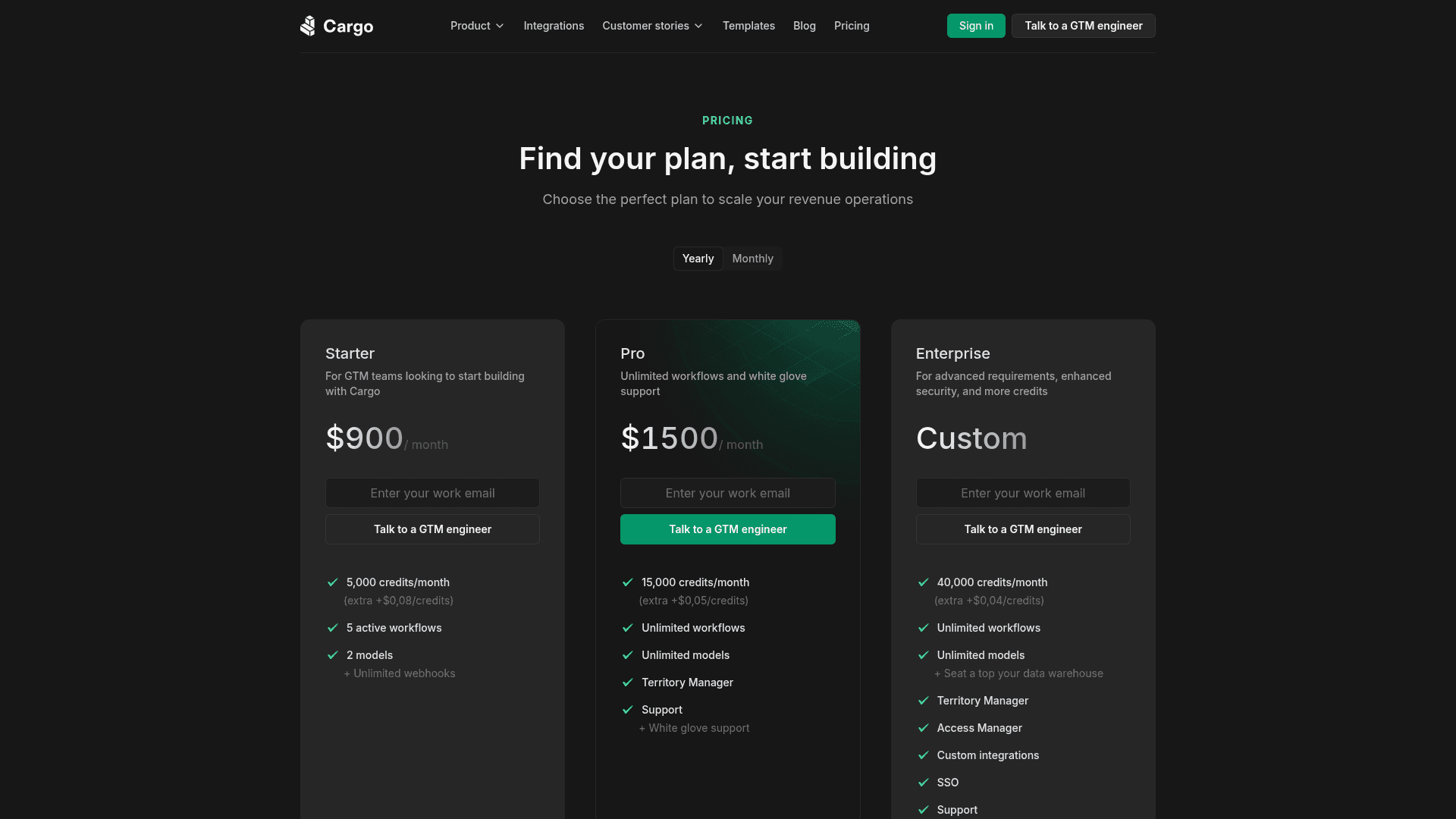 Pricing page of Cargo