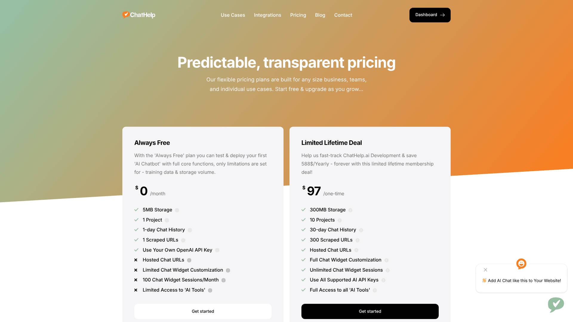 Pricing page of ChatHelpai