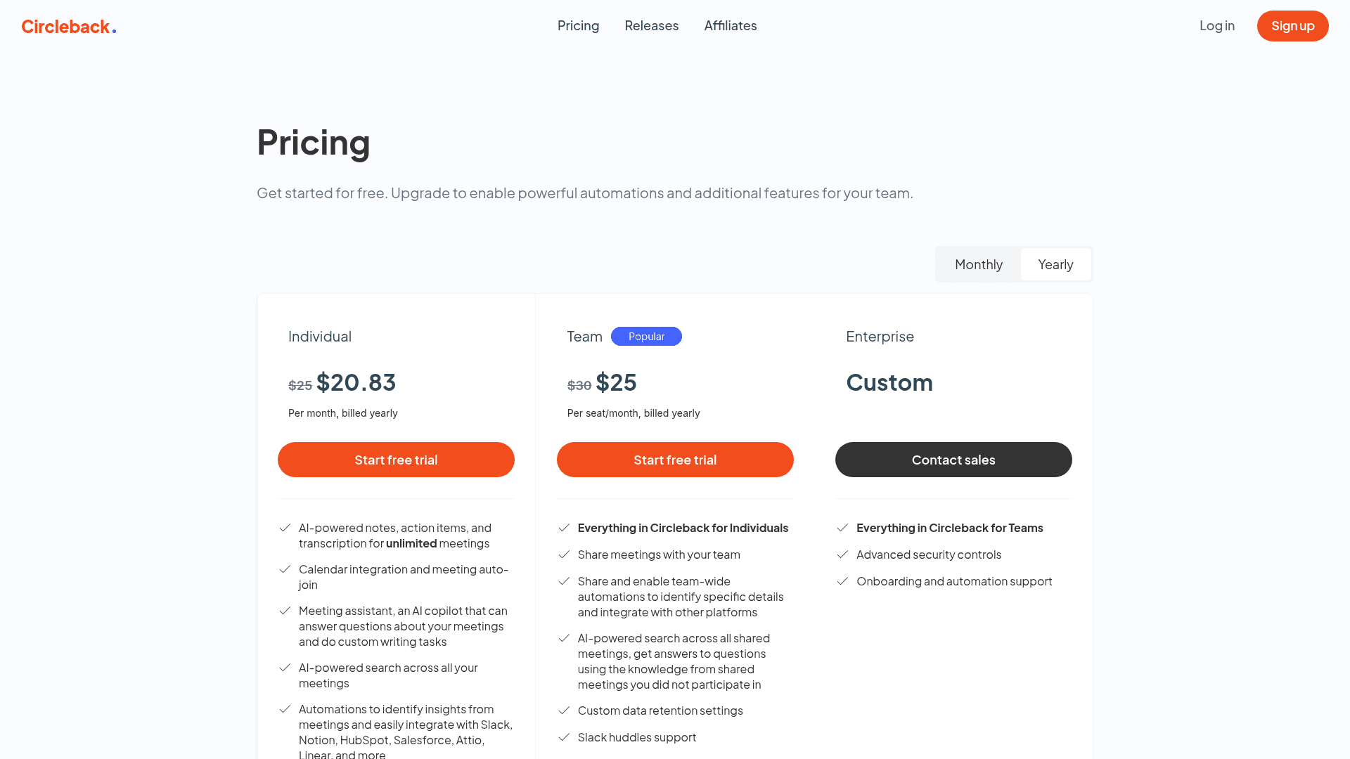Pricing page of Circleback