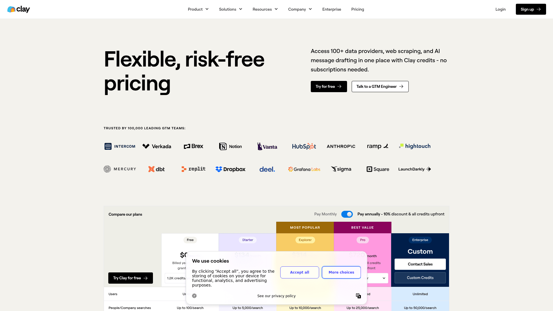 Pricing page of Clay