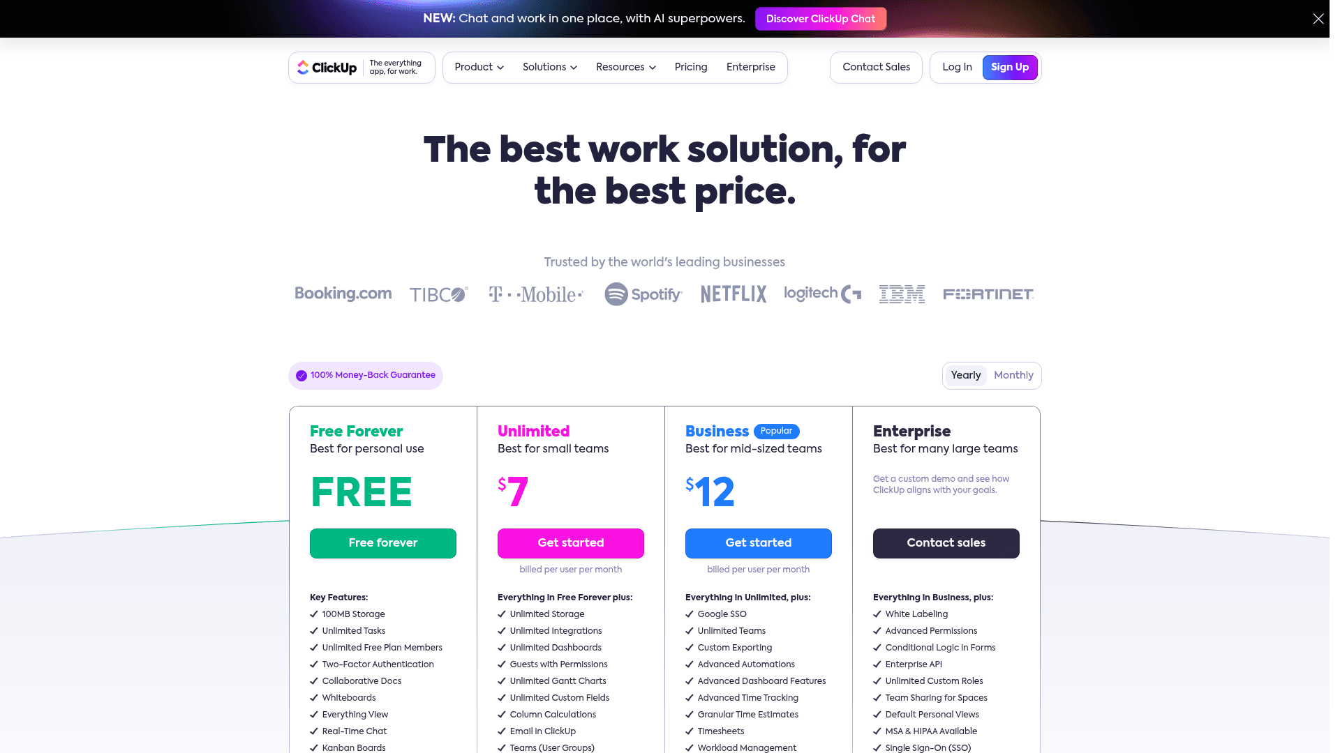 Pricing page of ClickUp