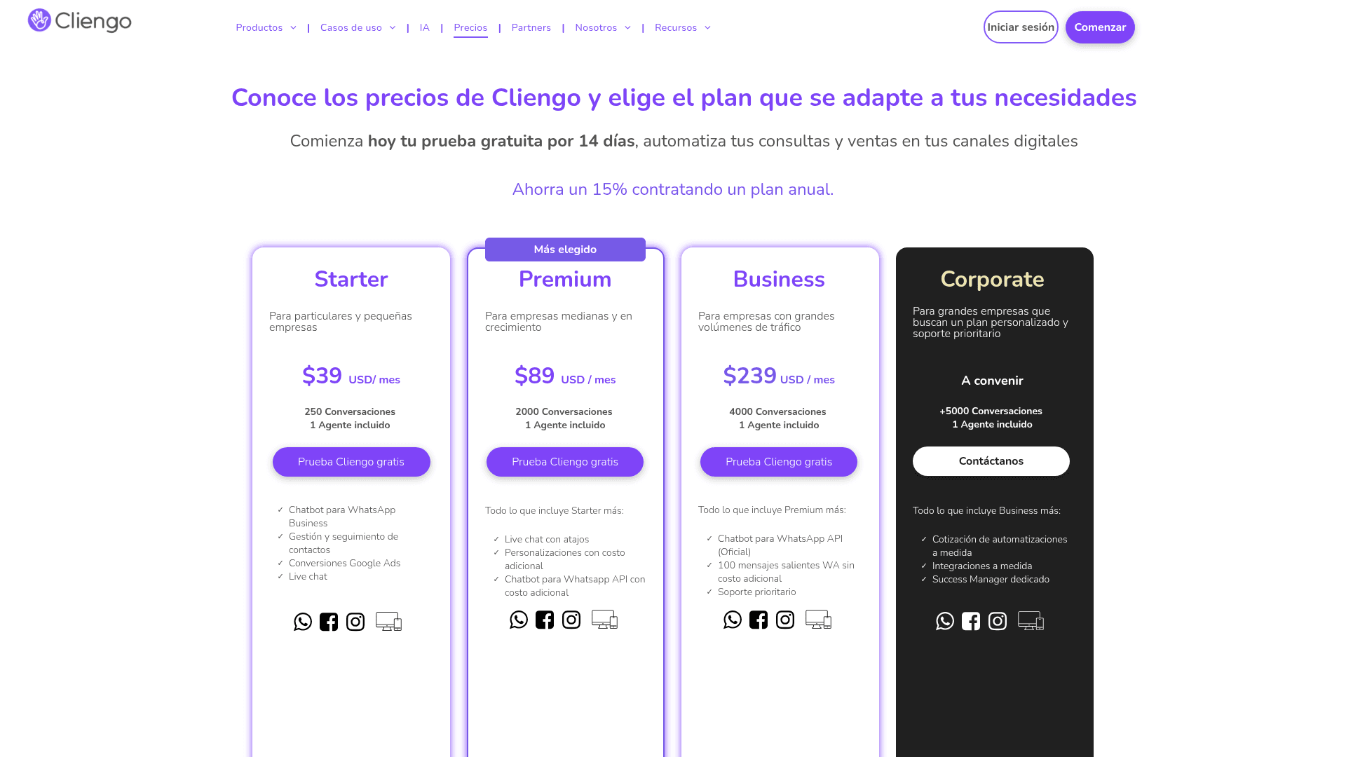 Pricing page of Cliengo