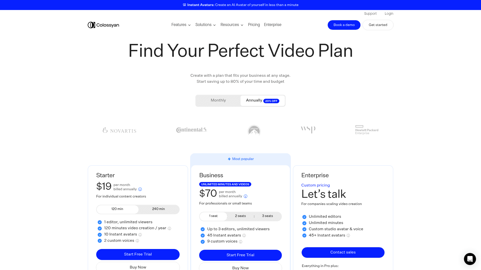 Pricing page of Colossyan