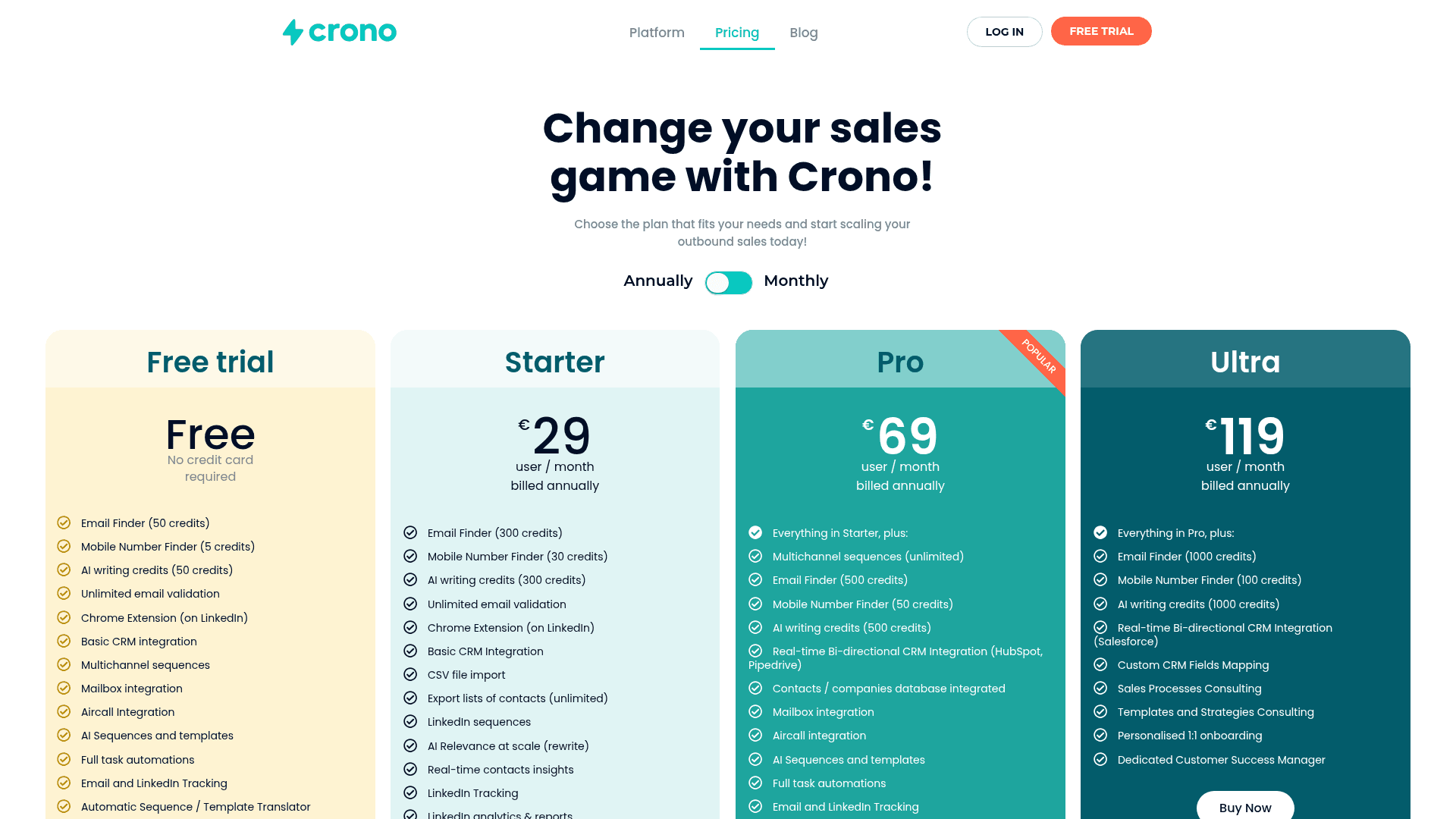 Pricing page of Crono