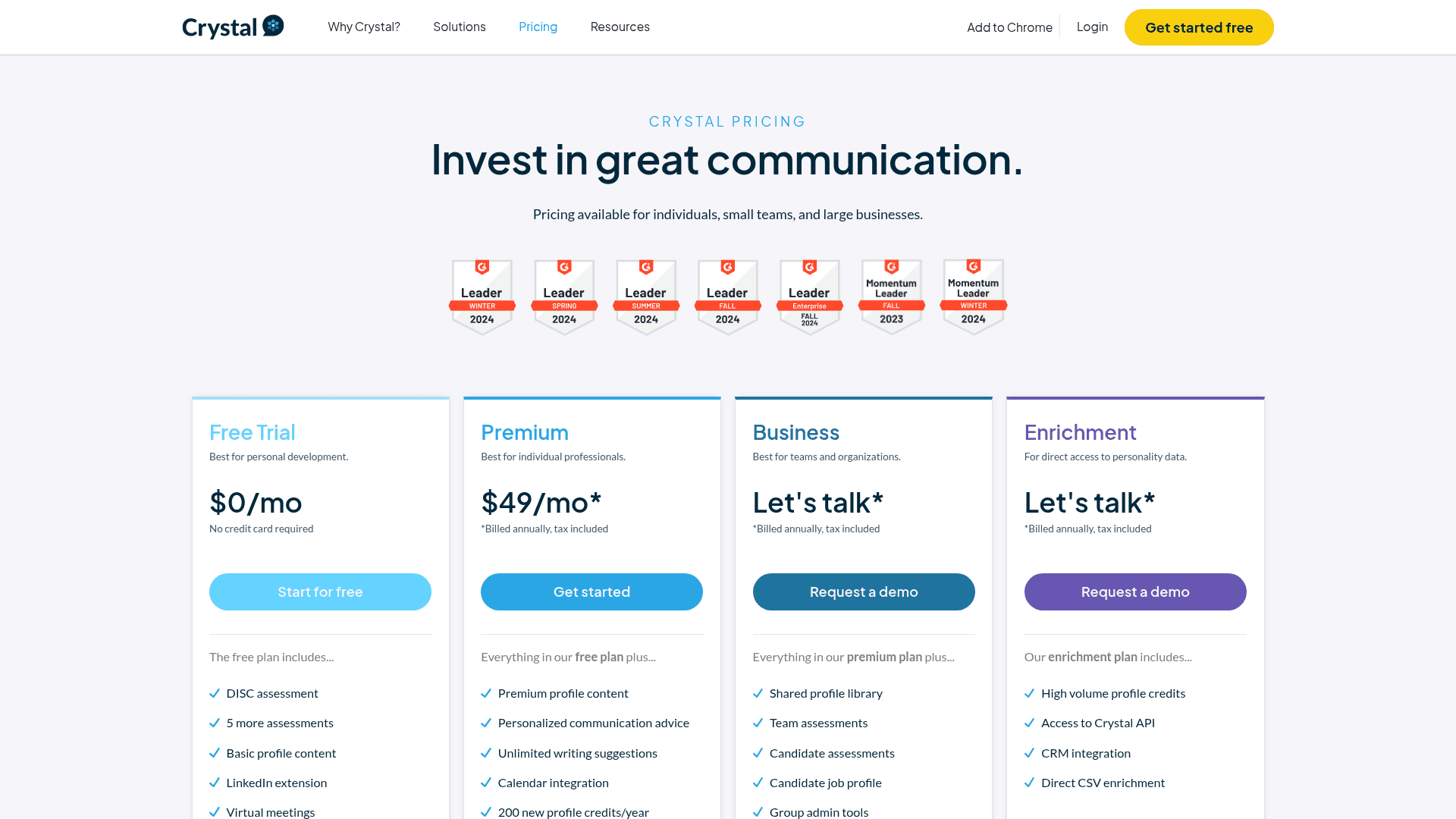 Pricing page of Crystal