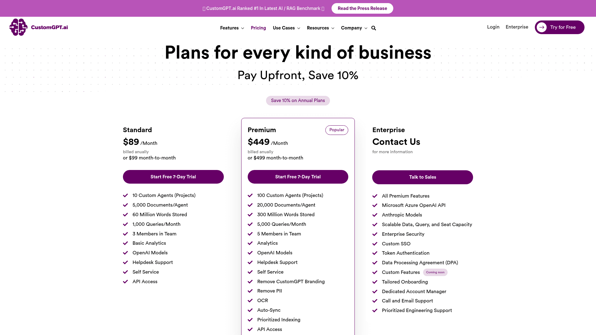 Pricing page of CustomGPT