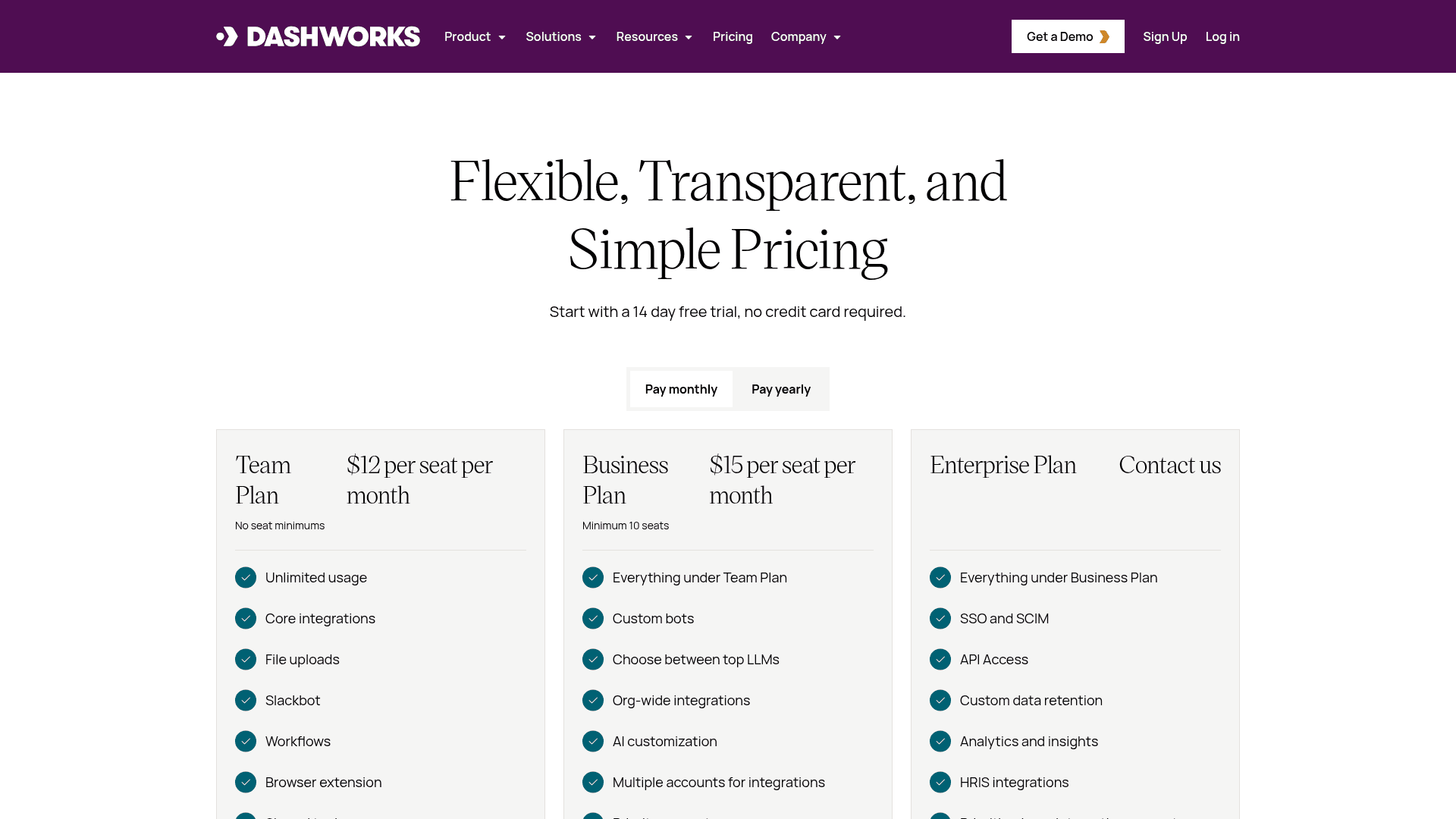 Pricing page of Dashworks