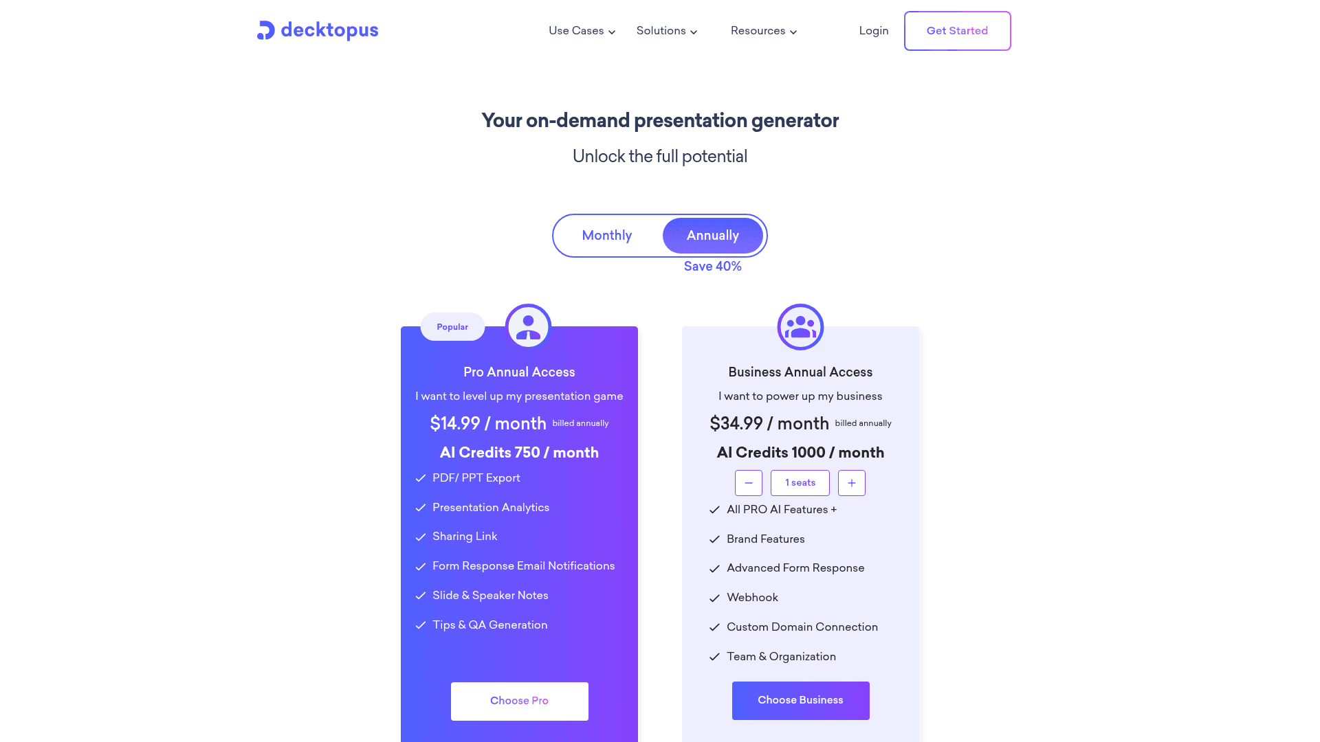 Pricing page of Decktopus