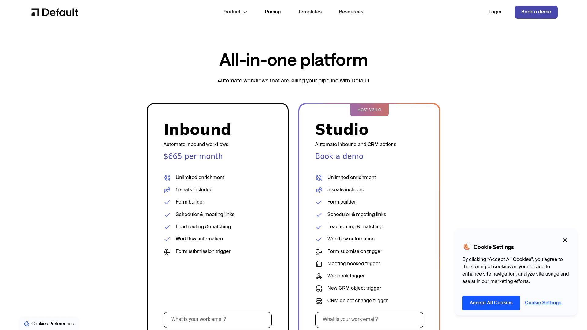 Pricing page of Default