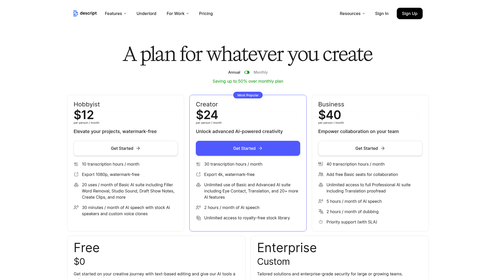 Pricing page of Descript