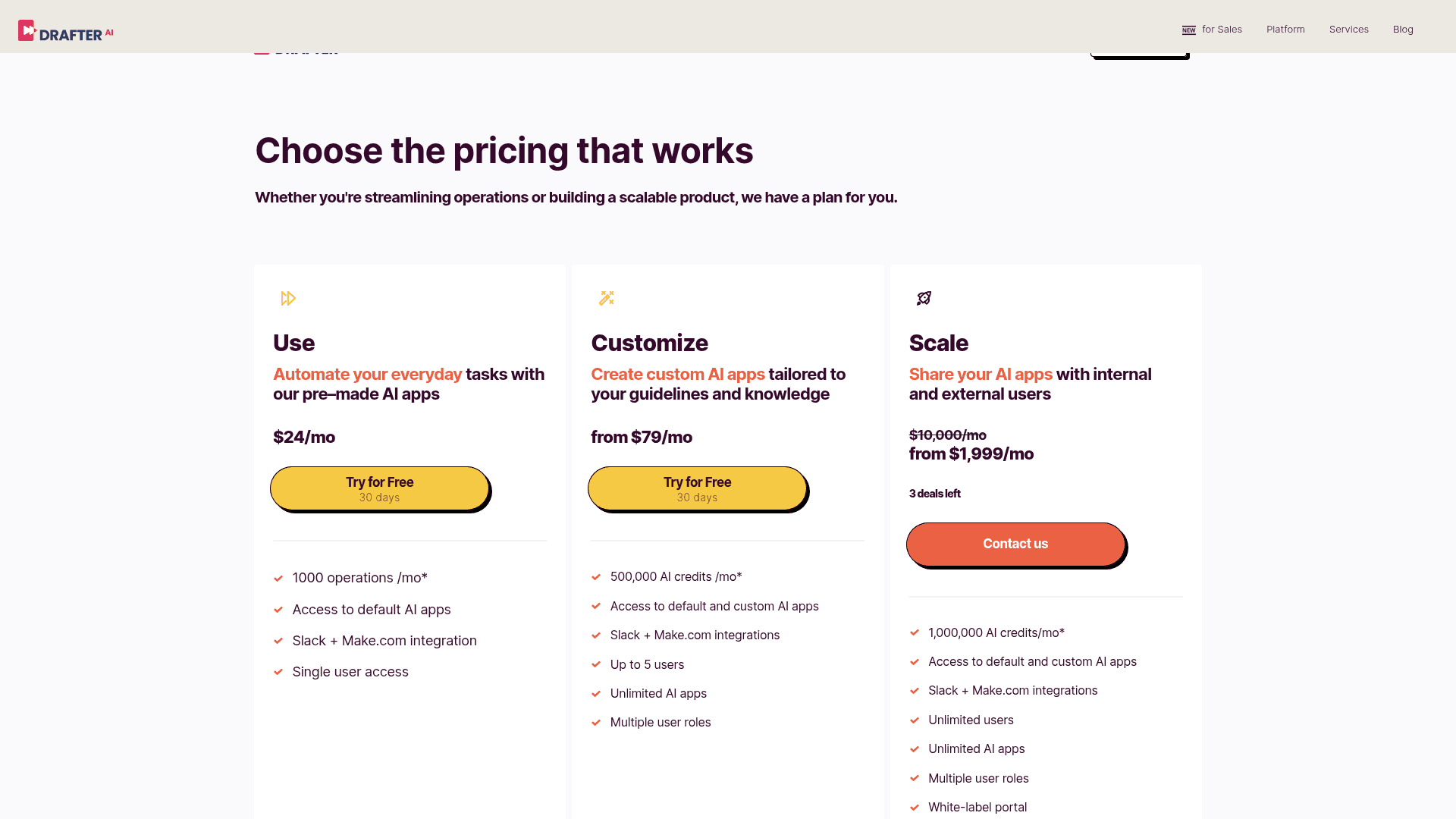 Pricing page of Drafter