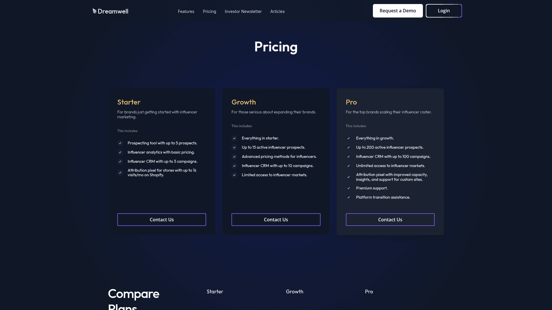 Pricing page of Dreamwell