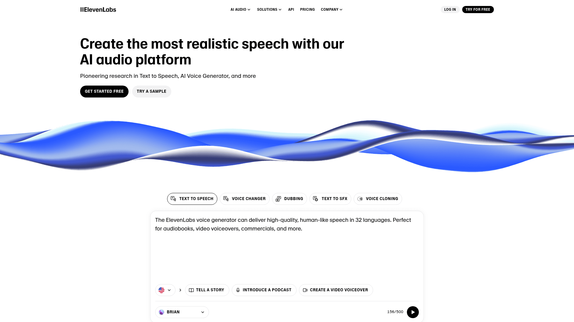 Homepage of ElevenLabs
