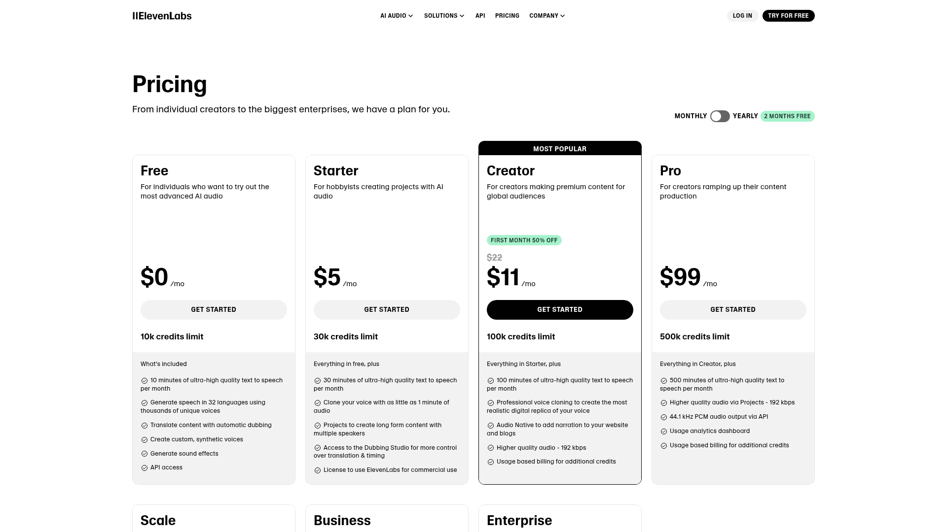 Pricing page of ElevenLabs