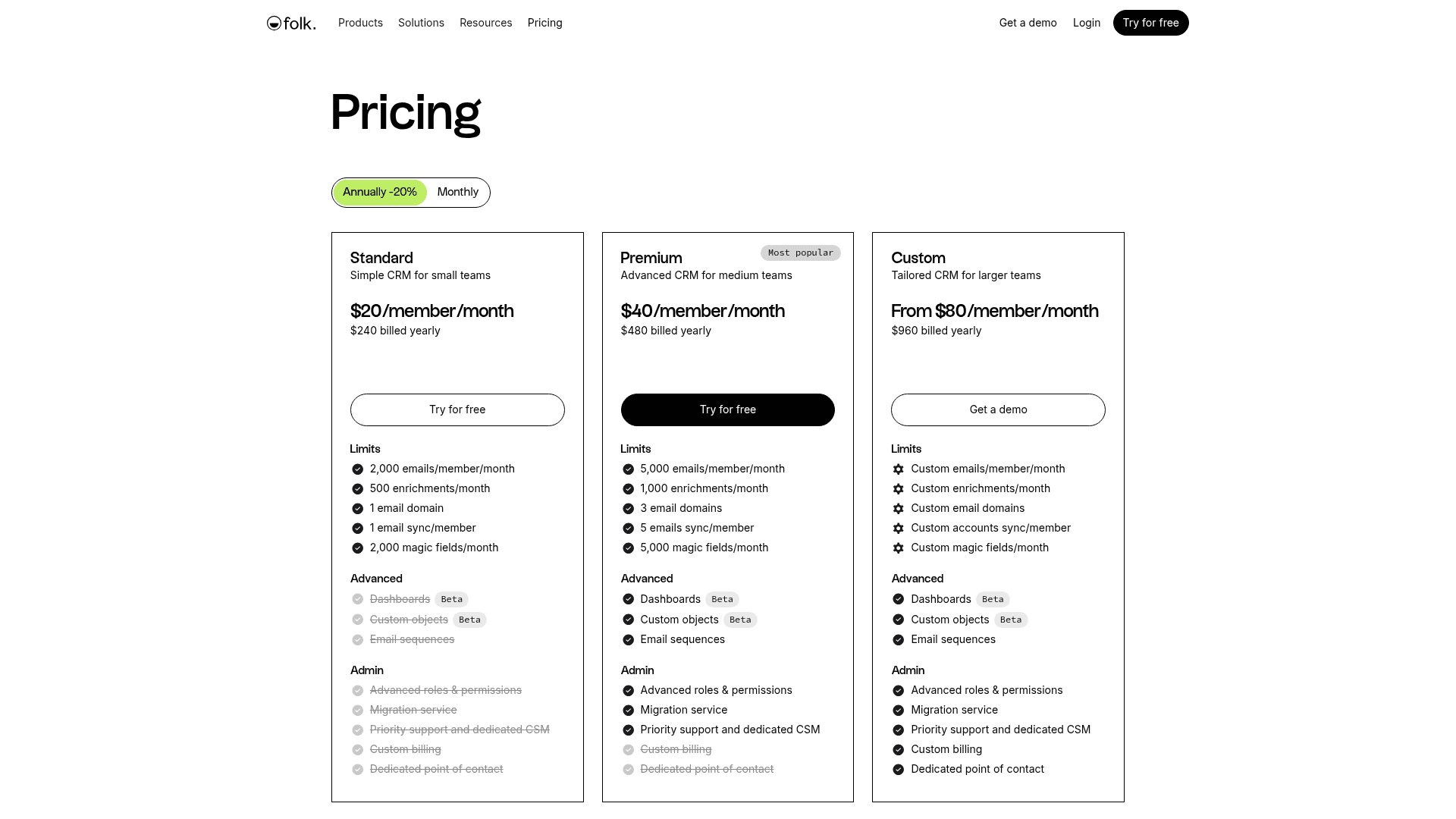 Pricing page of Folk