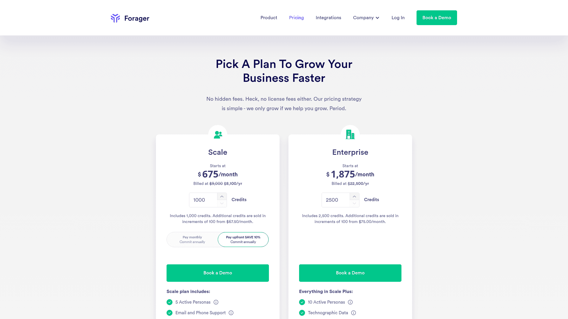 Pricing page of Forager