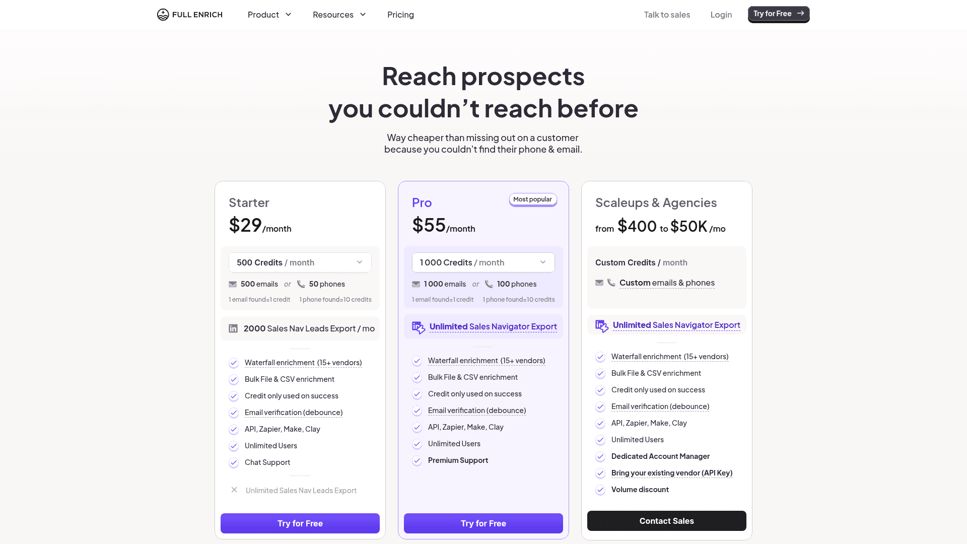 Pricing page of FullEnrich
