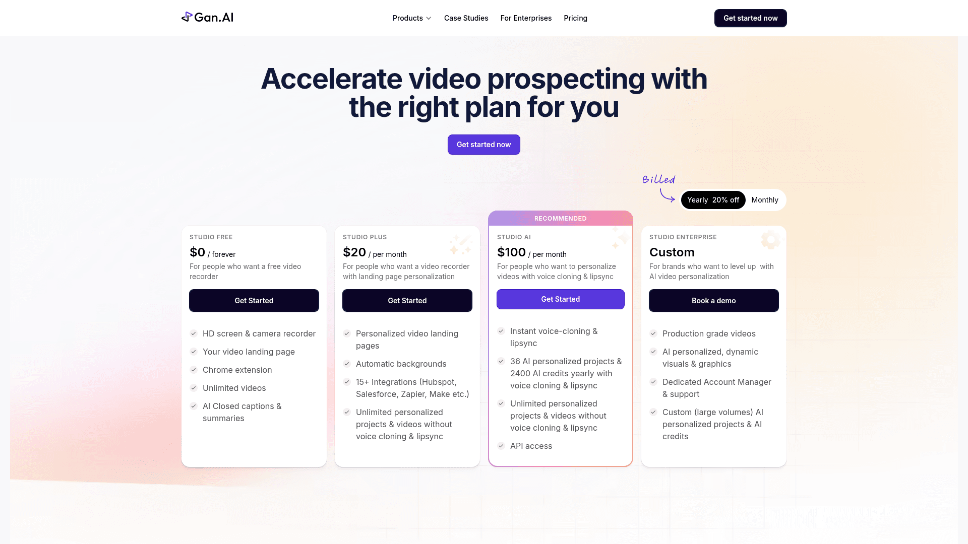 Pricing page of Gan