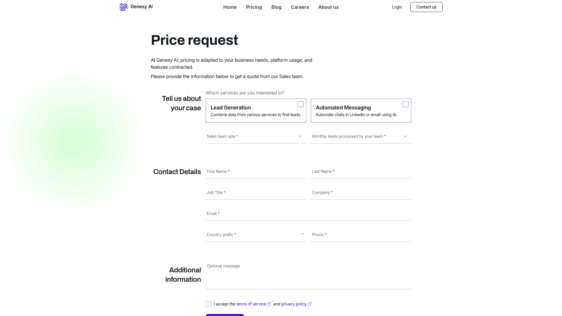 Pricing page of Genesy