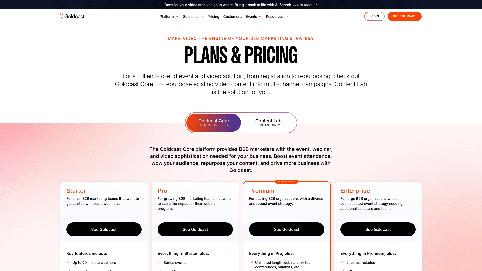 Pricing page of Goldcast