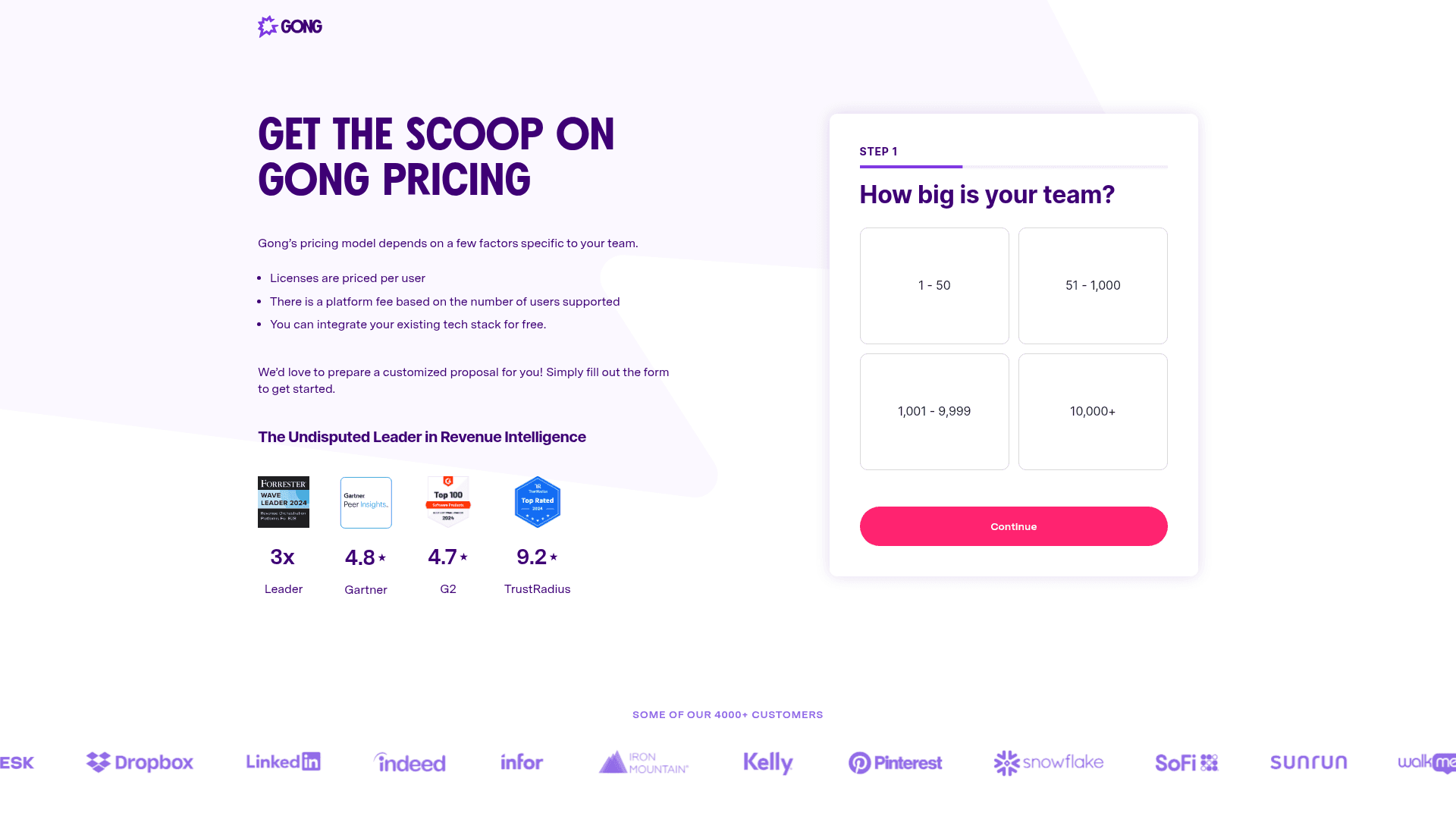 Pricing page of Gong