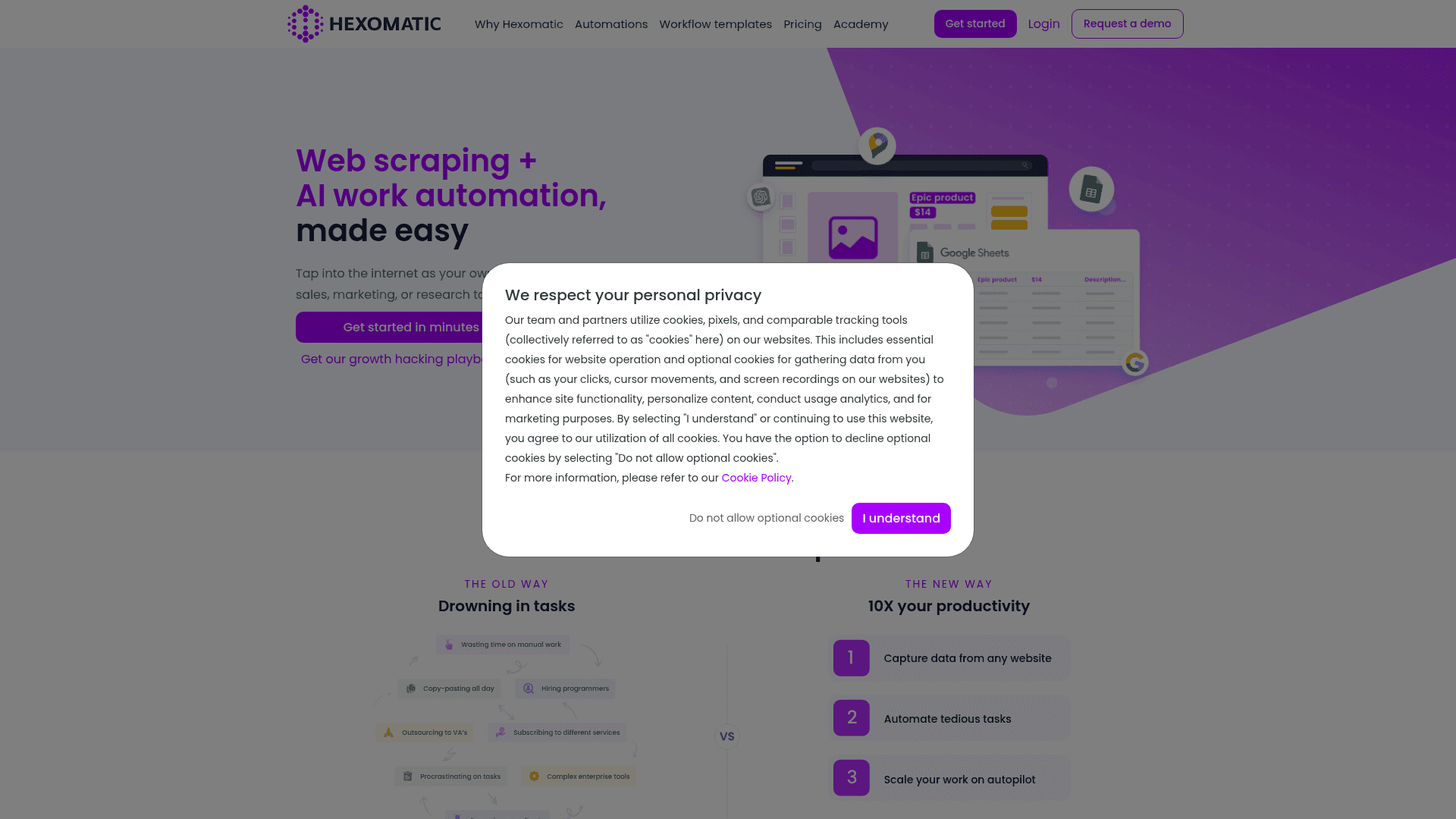 Homepage of Hexomatic
