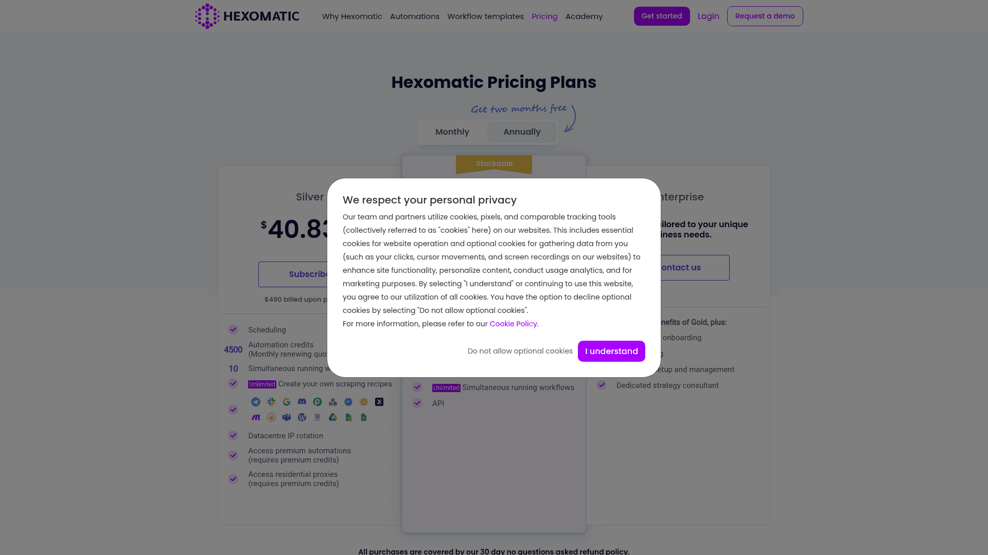 Pricing page of Hexomatic