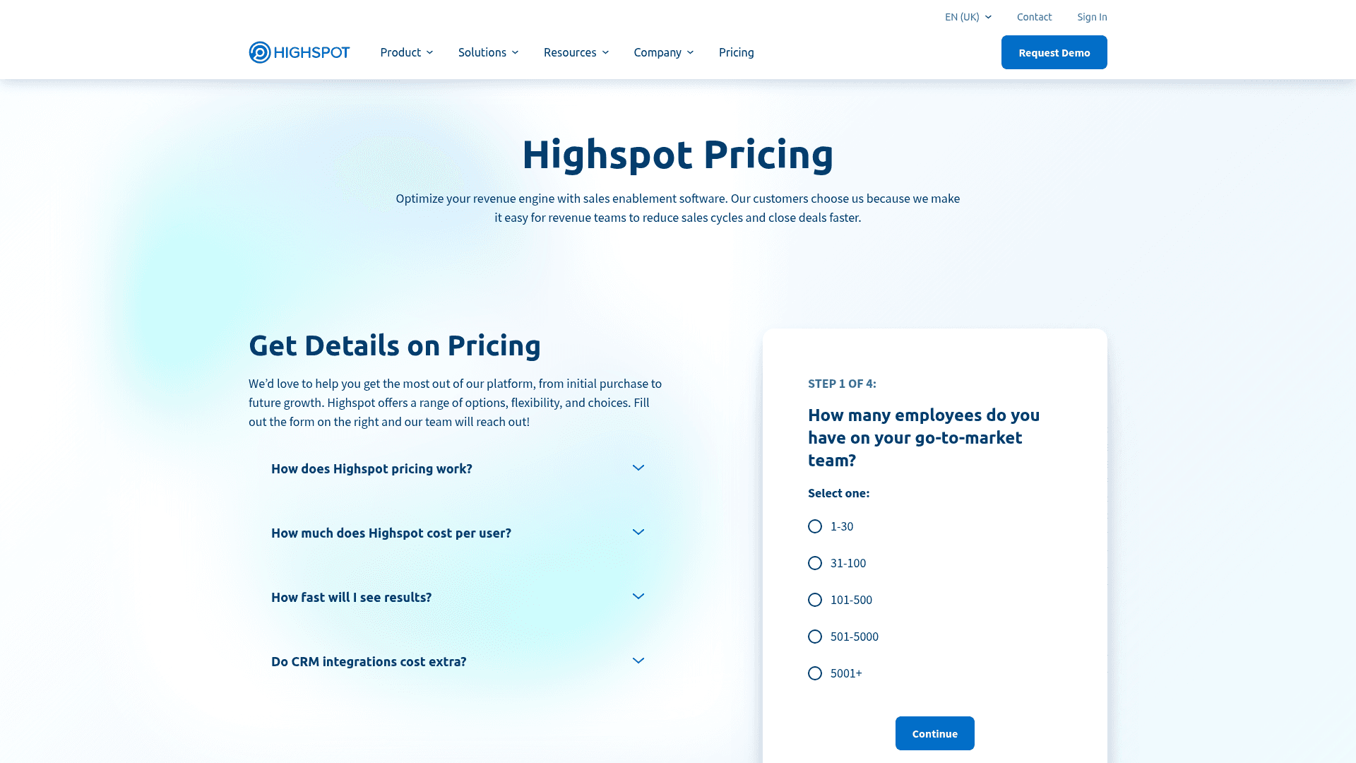 Pricing page of Highspot