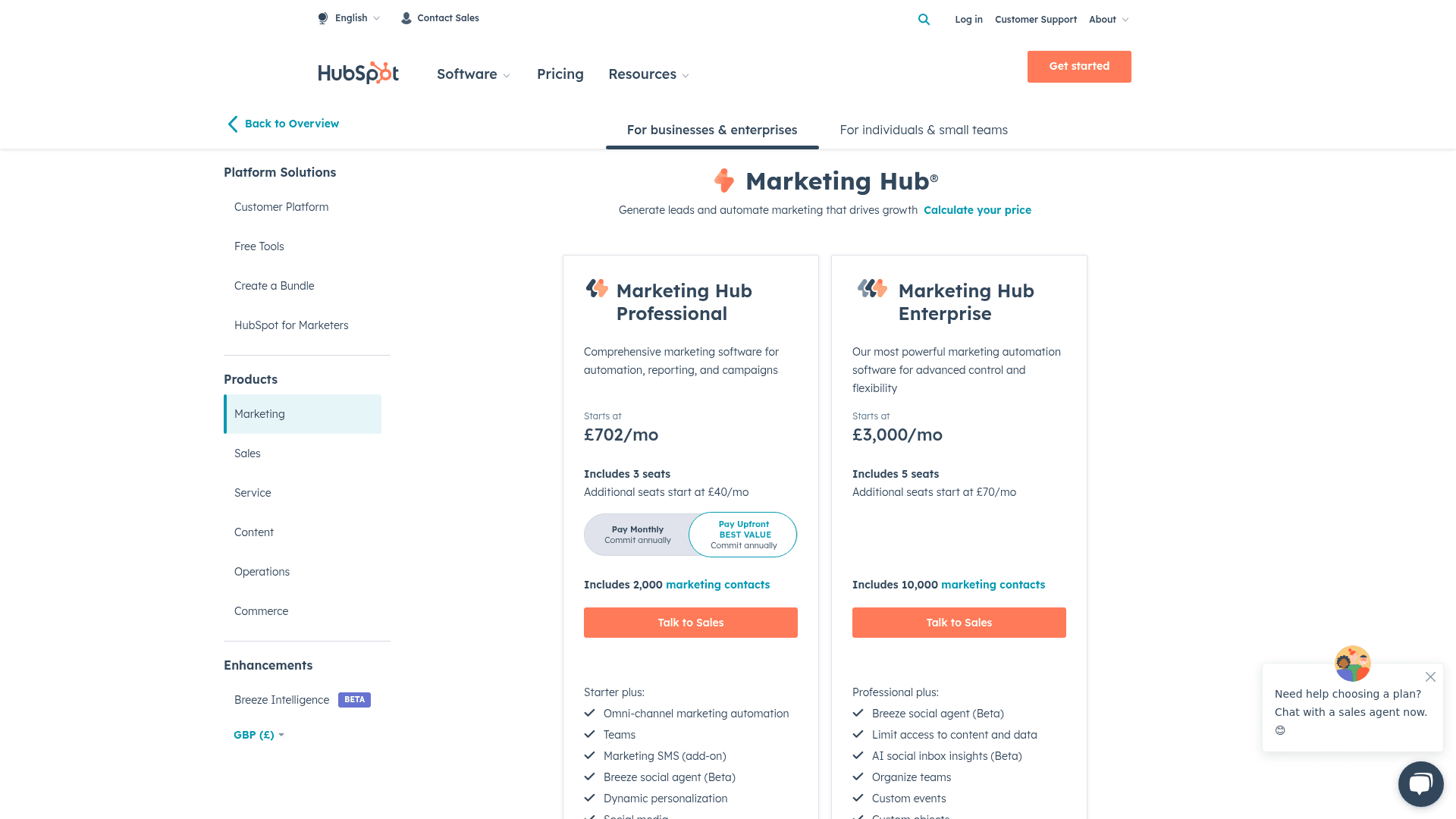 Pricing page of HubSpot