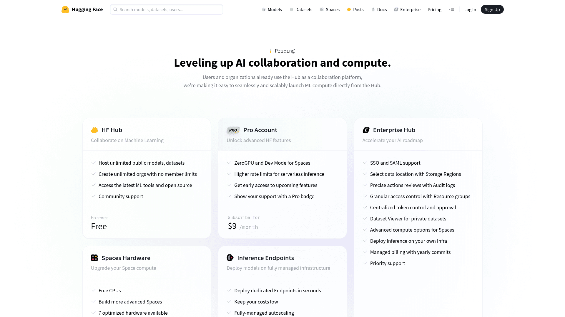 Pricing page of Hugging Face