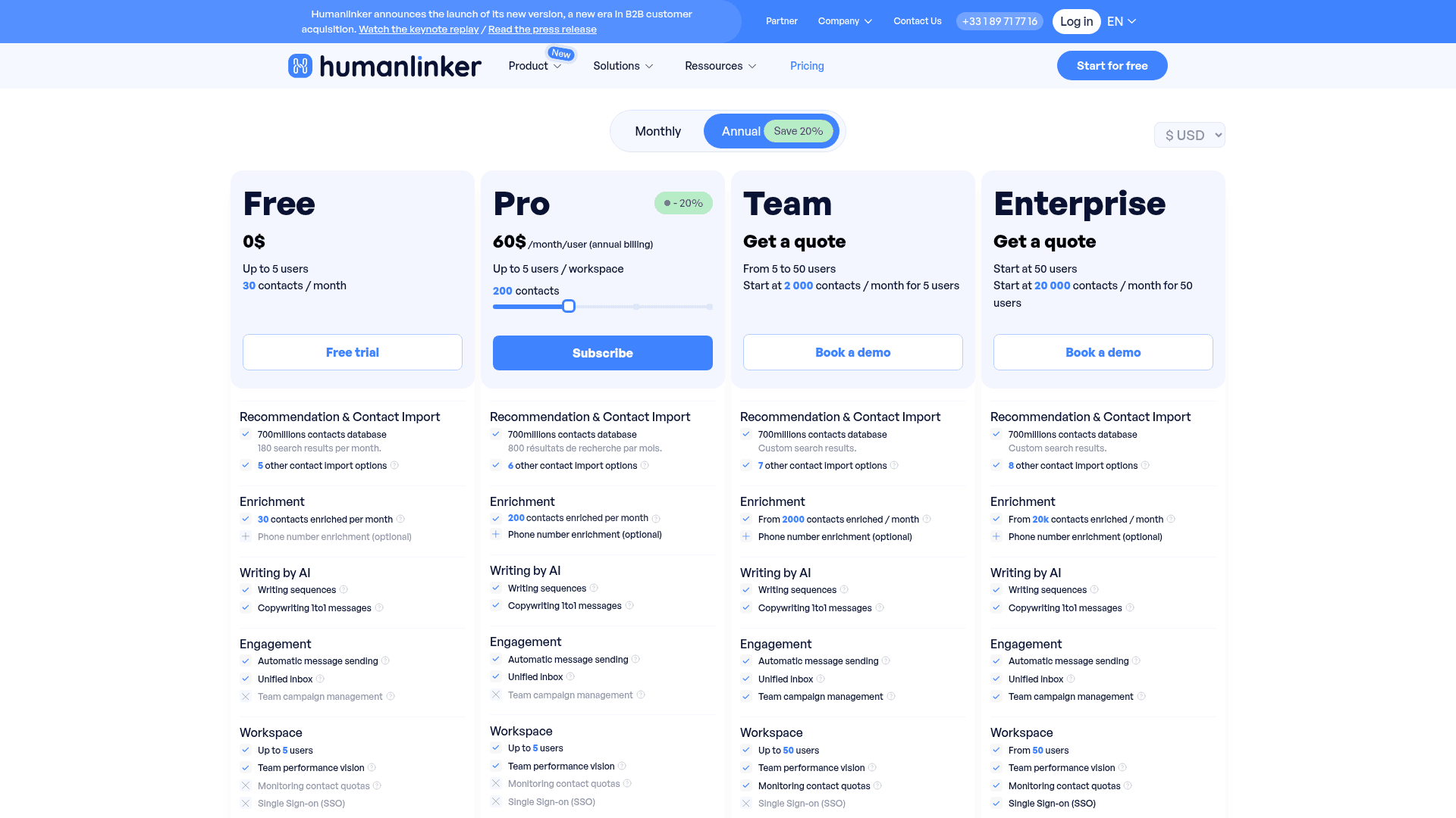 Pricing page of Humanlinker