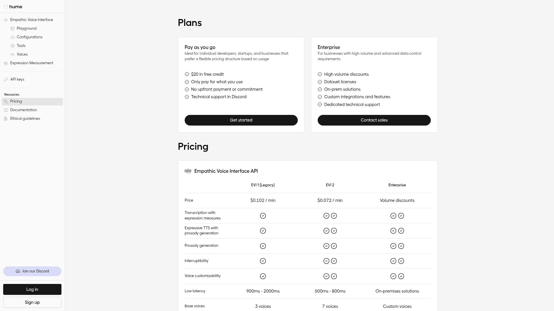 Pricing page of Hume