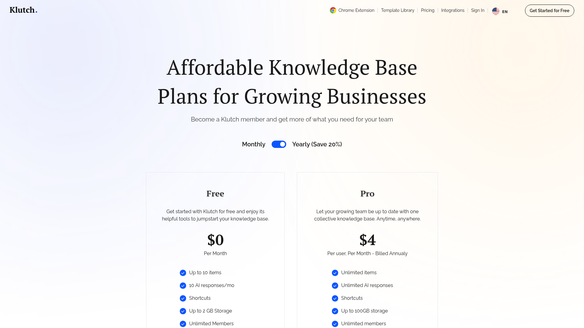 Pricing page of Klutch App