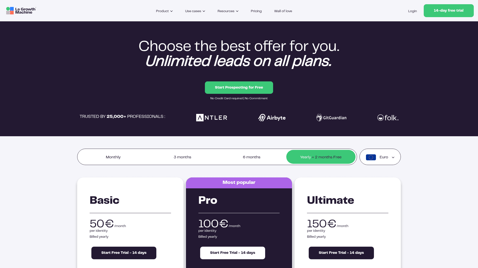 Pricing page of LaGrowthMachine