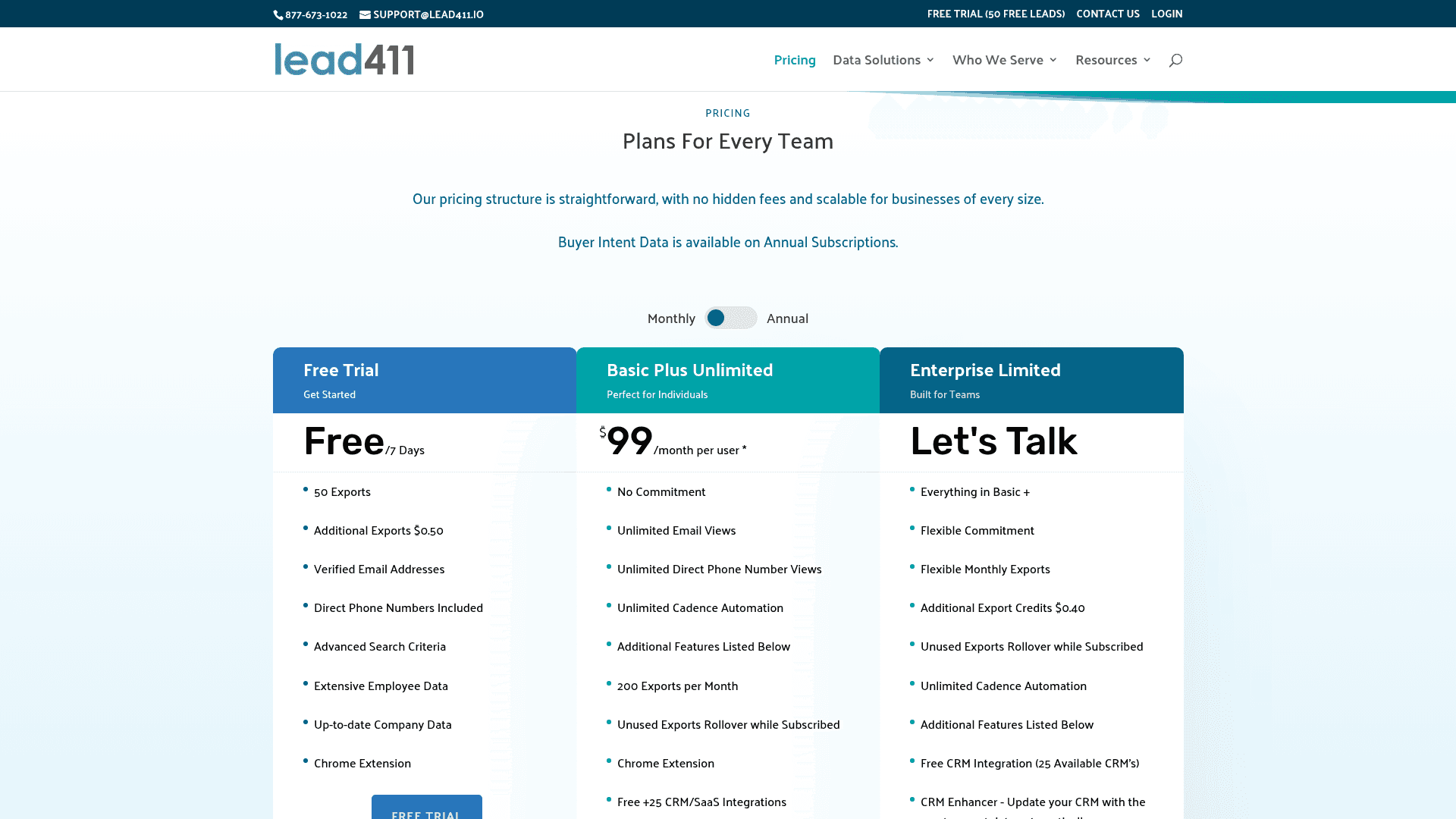 Pricing page of Lead411