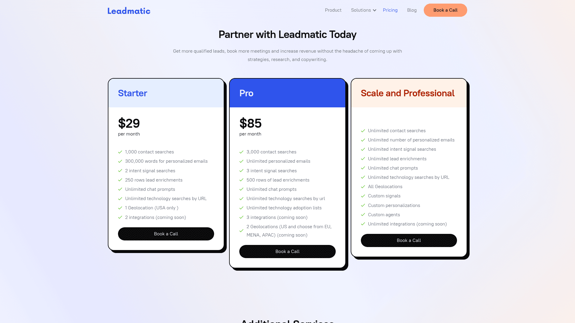 Pricing page of Leadmatic