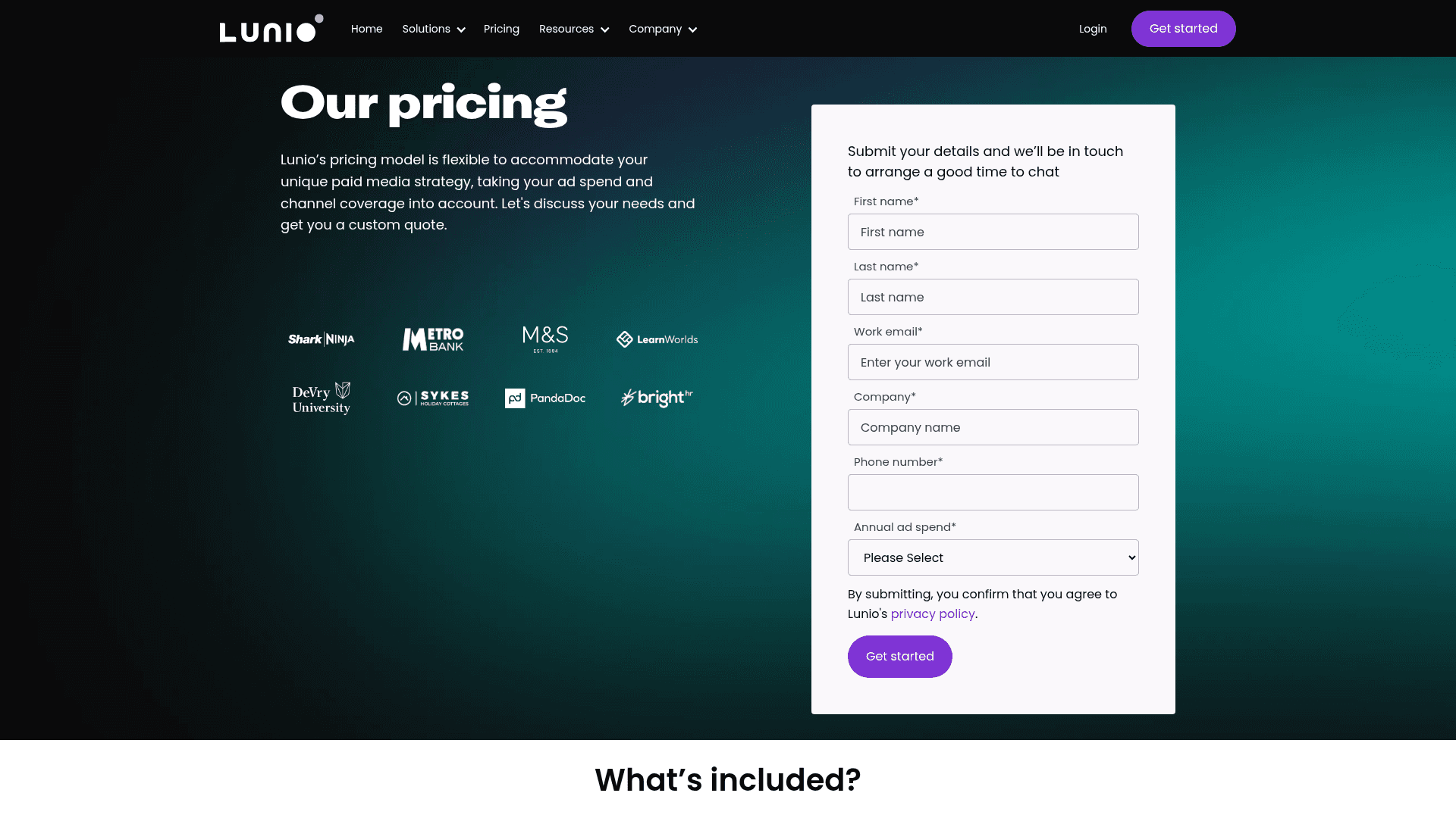 Pricing page of Lunio