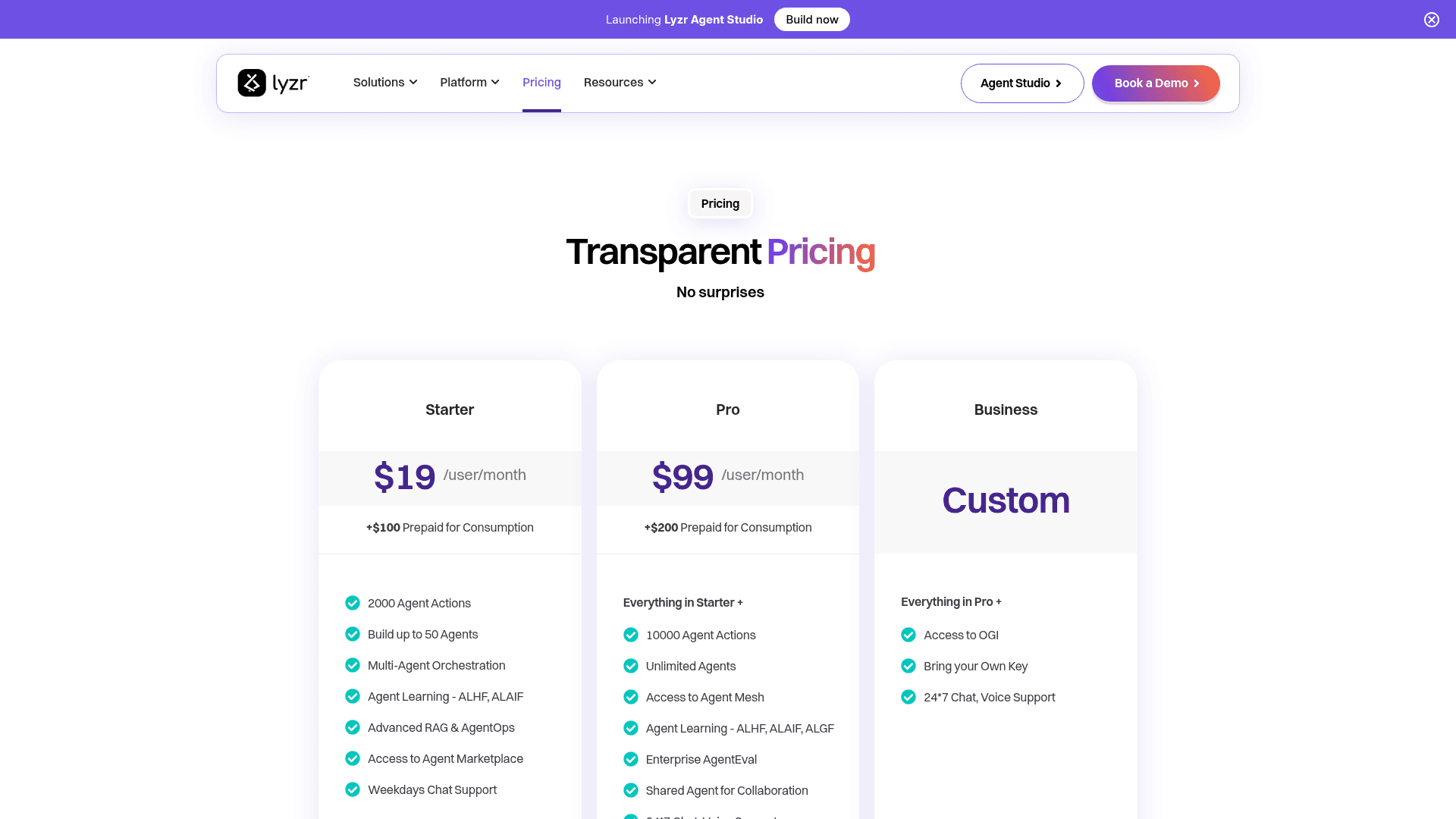 Pricing page of Lyzr